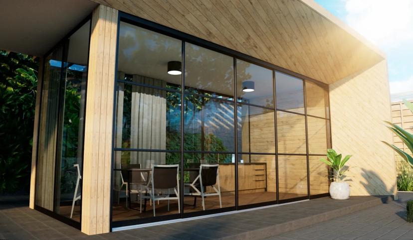 5-rail steellook glazen schuifwand in antraciet (RAL 7016): totaalbeeld