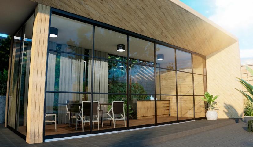 6-rail steellook glazen schuifwand in antraciet (RAL 7016): totaalbeeld