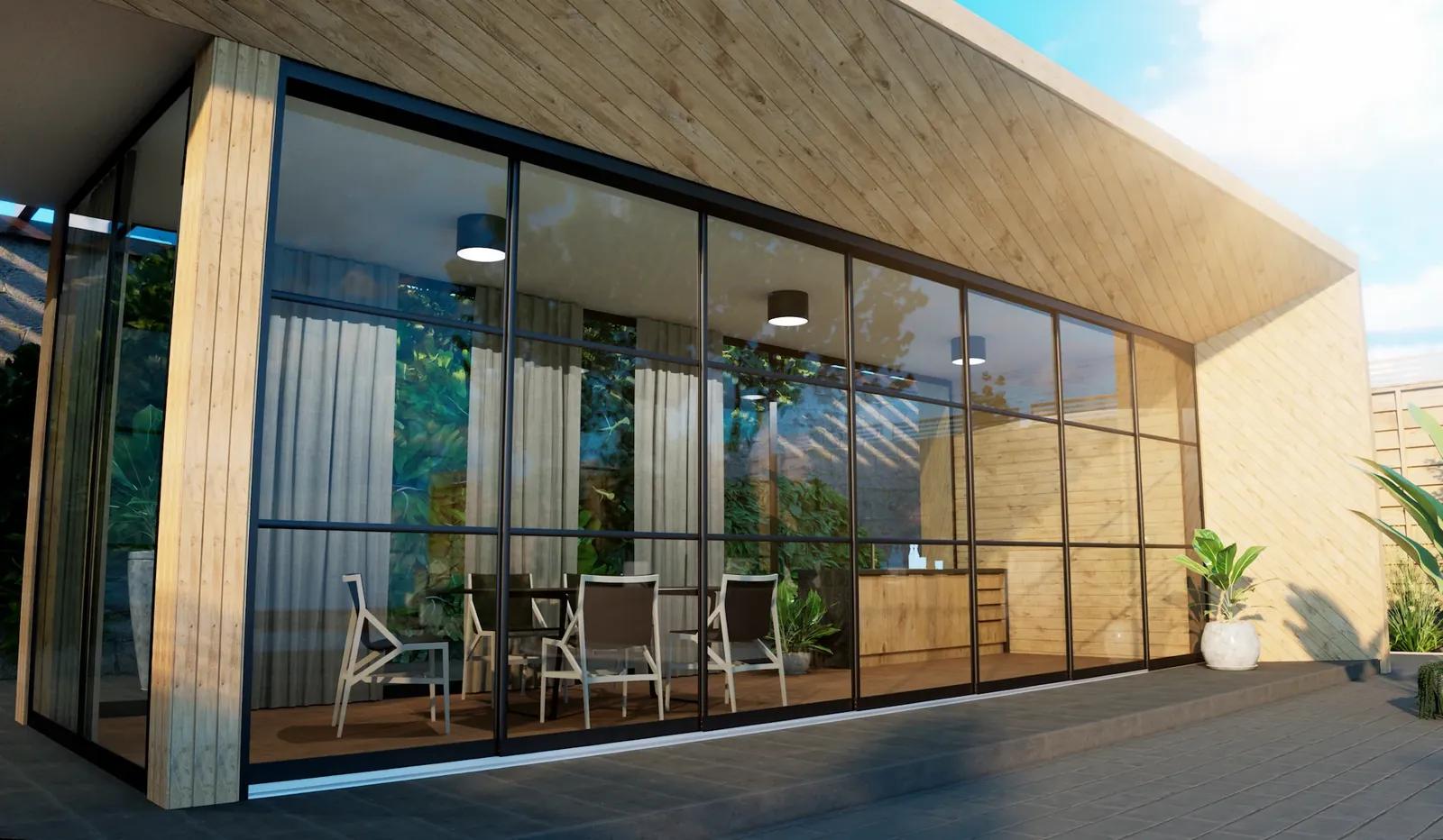 7-rail steellook glazen schuifwand in antraciet (RAL 7016): totaalbeeld