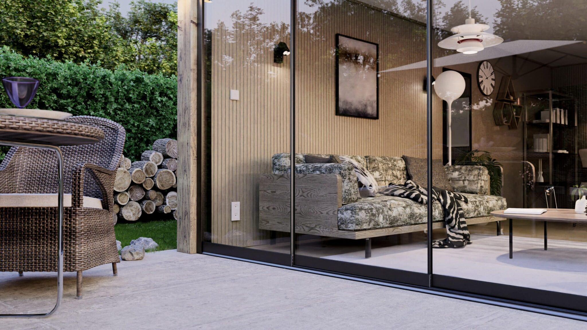 5-rail glazen schuifwand interieur