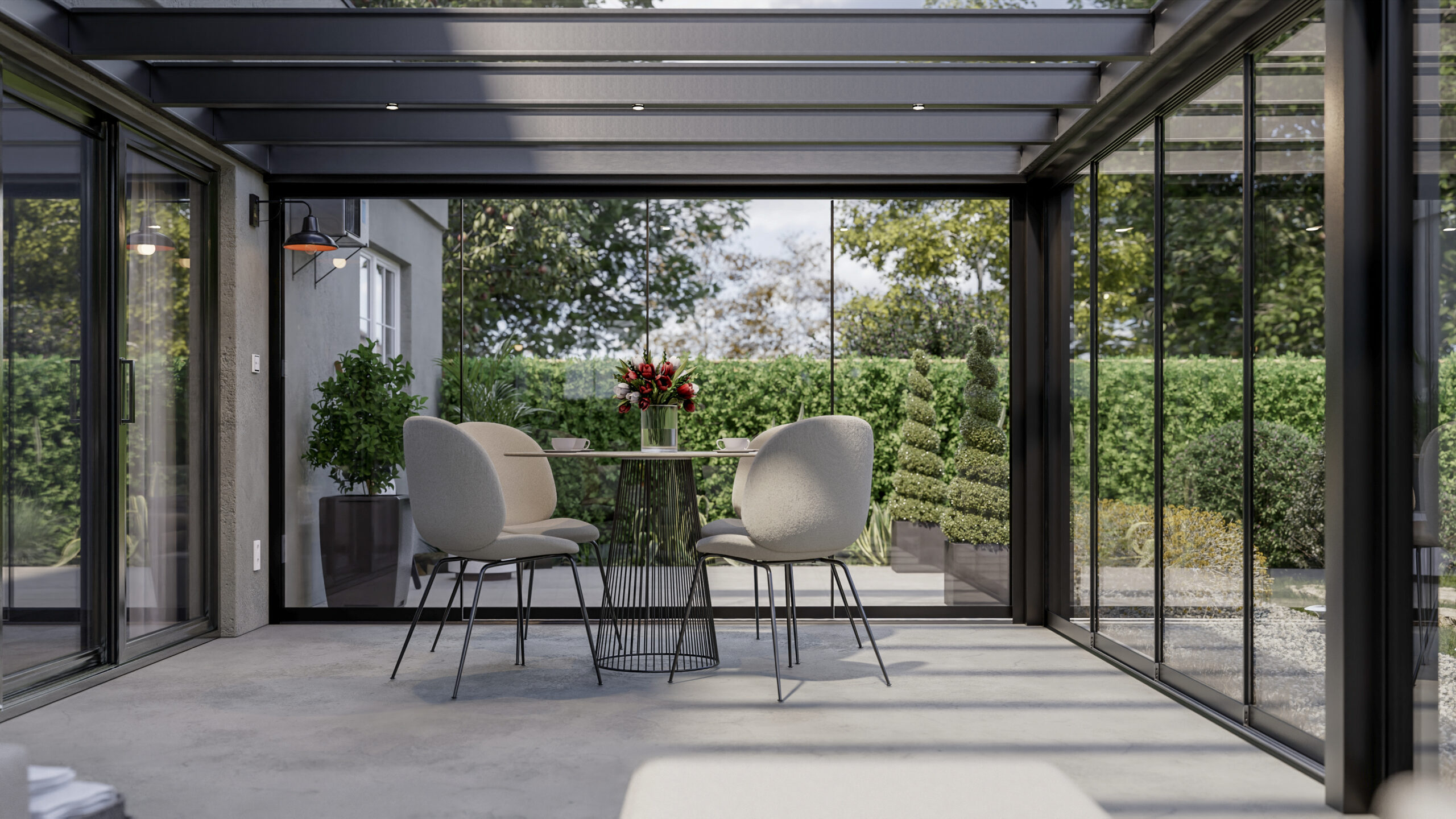 Houten pergola met lichtsnoeren voor Black Friday actie