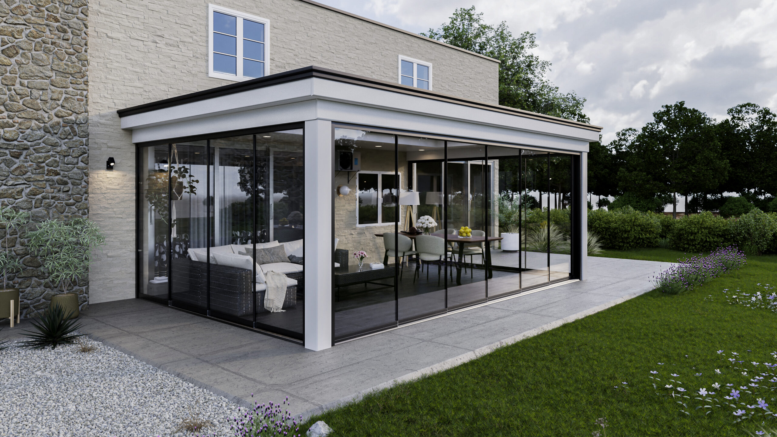 Pergola met Lordglass schuifwand en dubbele rail