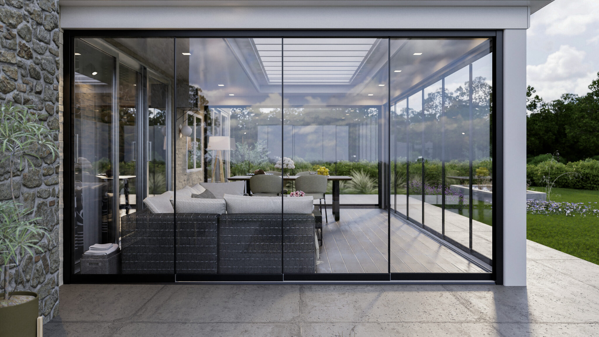 Luxe overkapping met 4-rail glazen schuifwand