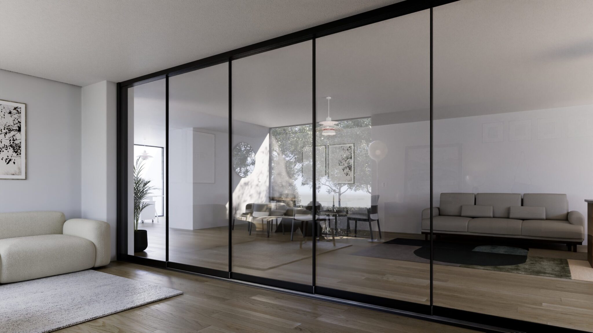 Interieur met 5-rail glazen schuifwand