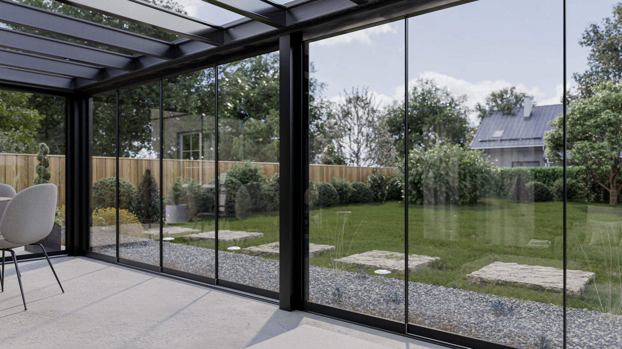 Panoramische veranda met 7-rail glazen schuifwand