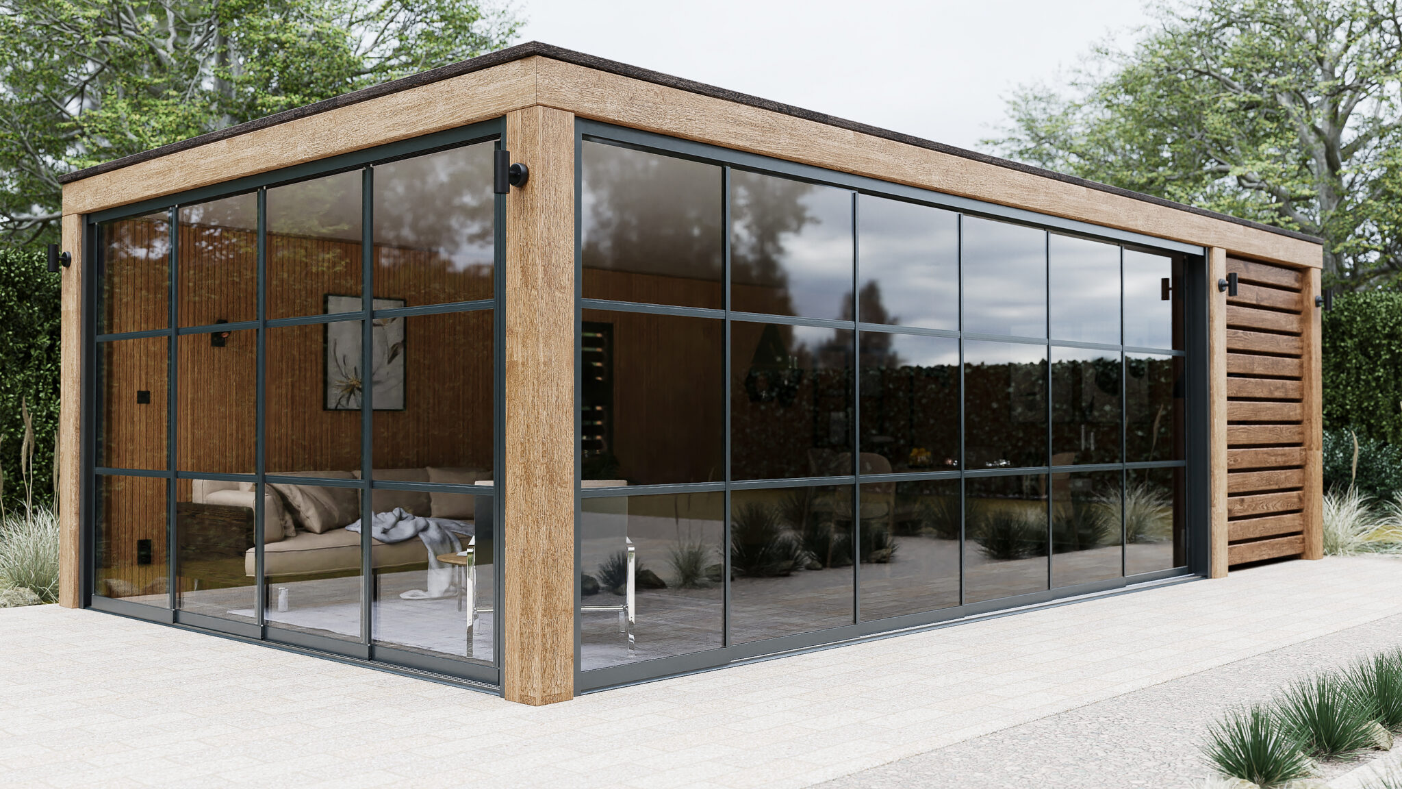 Steellook 6-rail glazen schuifwand tuinhuis